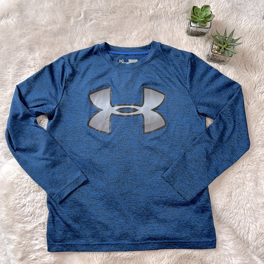 Under Armour Shirt Long Sleeve Blue Black Heathered Youth Small Loose Heatgear